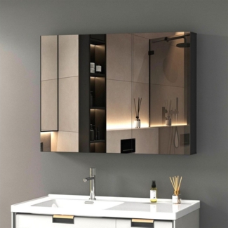 WDWRITTI Badezimmerspiegelschrank Aluminium Spiegelschrank Bad Schwarz 2-türig Eckig 80x12,5x60cm (Badschrank Wandschrank Eckig, 2-türig) vormontiert geliefert, Doppelseitiger Spiegel, Verstellbare Glasböden