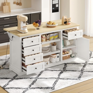 Merax Kücheninsel, Bar-Schrank mit 5 Schubladen, 2 Ausziehböden, klappbarer Erweiterungsplatte und integrierten Steckdosen, für Küche, Esszimmer und Wohnzimmer, Weiß, 150×65×75 cm