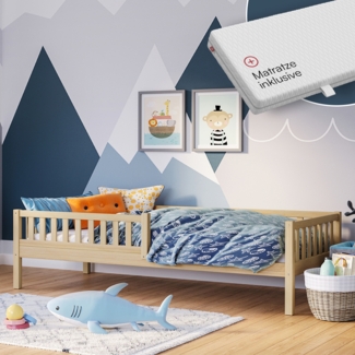 Bellabino 'Vils' Kinderbett 90x200 cm mit Matratze, natur, Kiefer Massivholz, Montessori Bett mit Lattenrost und mit abnehmbarem Rausfallschutz