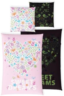 Carpe Sonno Kinderbettwäsche 135x200 +10 SPIELE +KINDERBUCH Baumwoll Bettwäsche Kind Jungen Mädchen, Renforcé, 2 teilig, Süße Rosa Bettwäsche geblümt Herz Blumen Bunt Herzchen