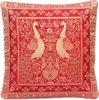 Handgewebter indischer Banarasi Seide Deko-Kissenbezug mit Extravaganten Pfau Design in Rot und mit Umrandung - 40 cm x 40 cm