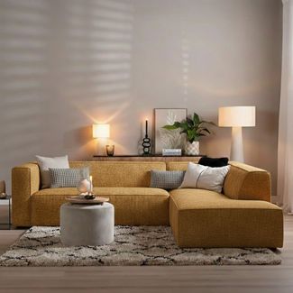 Bronx71 Ecksofa Memphis Chenille ockergelb/cognac rechts
