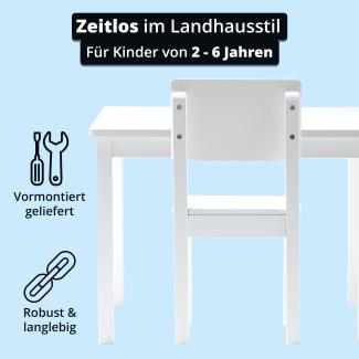 KHG Kinder-Möbelset Tisch mit 2 Stühlen weiß Landhaus für Kinderzimmer, pflegeleichte Oberfläche, robust, kindgerechte Höhe 66 x 51 x 50 cm