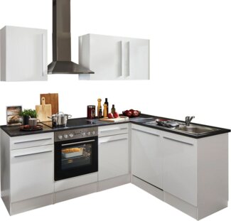 Jazz 8 Moderne Eckküche ohne Elektrogeräte in Weiß Hochglanz, Metallic Grau - Geräumige Küchenzeile in L-Form mit viel Stauraum - 220 x 211 x 60 cm (B/H/T)