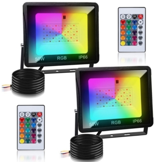 Clanmacy LED Flutlichtstrahler RGB LED Fluter Außen Strahler Flutlicht IP66 Gartenlampe 2x50W, Außenstrahler