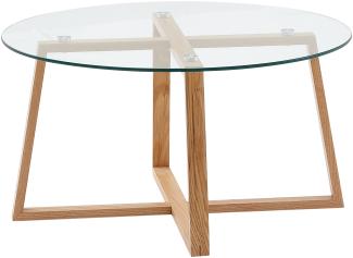 Kadima Design Couchtisch Eiche, Modern, Transparente Glasplatte, Überkreuztes Gestell. 78x78x41 cm