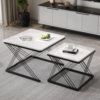 Merax 2-teiliges Couchtisch-Set, hochglänzende Marmoroptik, höhenverstellbare Füße, bis 30kg belastbar,Hochglanz-Kombi-Couchtisch, Weiß & schwarz