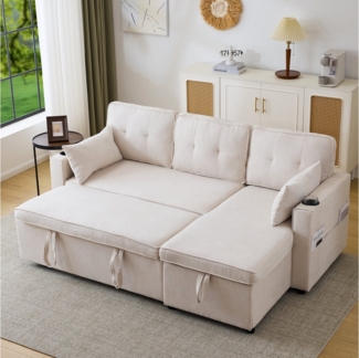 Merax Ecksofa L-Form, Loungesessel mit Schlaffunktion, Seitentasche und Bettkasten