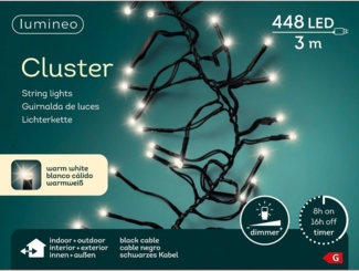 Lumineo LED-Lichterkette Lumineo Lichterkette CLUSTER 448 LED 4,2 m warm weiß, schwarzes Kabel, Indoor/Outdoor, dimmbar, 8h-Timer, + 5 m Zuleitung