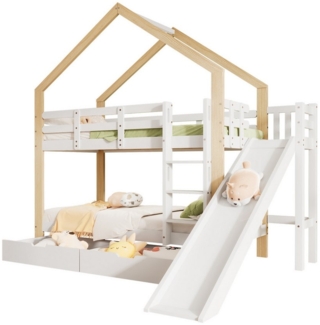 Flieks Etagenbett, Kinderbett mit Rutsche, dreistufiger Leiter und 2 Schubladen 90x200cm