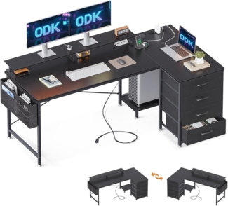ODK Eckschreibtisch L-Form mit 4 Schubladen, 2 USB Ladeanschlüssen & 2 Steckdosen