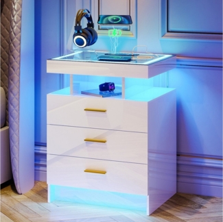 LVifur Nachttisch Moderner Nachttisch mit Ladestation und automatischer Sensor-LED (1-St), 3 Beleuchtungsmodi, 3 geräuscharme Schubladen