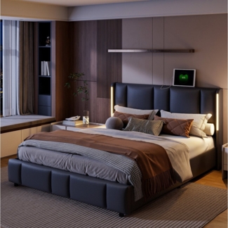 PXloue Polsterbett Doppelbett Stauraumbett (E-Sport-Stil,Inklusive USB-Typ-C-Ladeanschluss), Polsterbett 160x200,mit Verdickter Lattenrost,Kunstleder