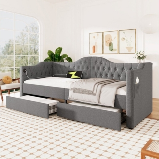Flieks Daybett, Polsterbett Tagesbett 90x190cm mit Ladefunktion und Schubladen Leinen