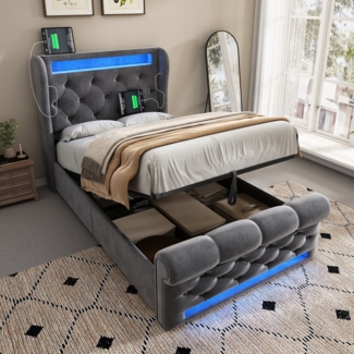 Ulife Polsterbett Hydraulisches Stauraumbett mit LED Beleuchtung und USB/Typ-C (Ohne Matratze), Einzelbett, Kinderbett, Jugendbett, 90x200 cm