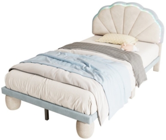 Flieks Polsterbett, LED Beleuchtung Kinderbett Einzelbett mit runden Beine 90x200cm Samt