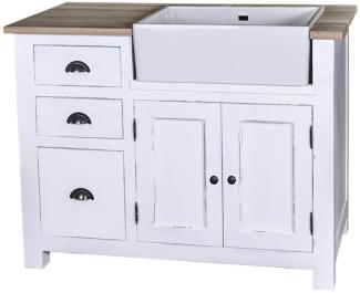 Casa Padrino Landhausstil Spülenschrank mit 2 Türen und 3 Schubladen Antik Weiß / Naturfarben 118 x 65 x H. 90 cm - Shabby Chic Küchenmöbel