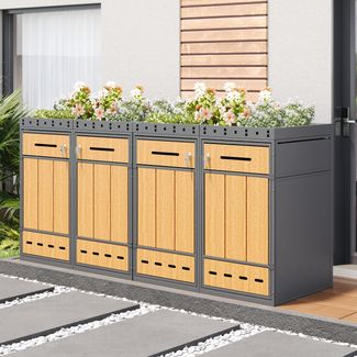 Merax Mülltonnenbox mit Pflanzdach Vier 120-240 Liter Mülltonnenverkleidung Mülltonnenschrank für Mülltonnen Müllbox, grau