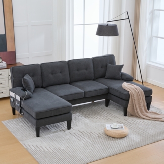 Flieks 4-Sitzer U-Sofa aus Leinen, mit Doppel-Chaise-Longue, Seitentasche & 2 USB-Anschlüssen, Dunkelgrau