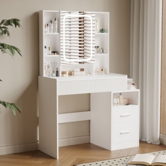 HOMAVO Schminktisch mit LED-Spiegel, 3 Schubladen & 8 offenen Fächern, 96,5 x 40 x 141 cm