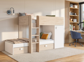 Vente-unique - Eck-Hochbett modulierbar - 2 x 90 x 190 cm - mit Stauraum - Holzfarben & Weiß + Matratze - RICARDO