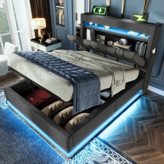 HAUSS SPOLE Polsterbett 90x200 mit USB- und Typ-C-Anschlüssen, LED-Beleuchtung Grau, Leinen (Struraumbett, Funktionsbett, 90x200 cm, ohne Matratze, Grau), mit USB- und Typ-C-Anschlüssen, LED-Beleuchtung