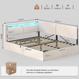 MSMASK Daybett Tagesbett mit LED-Kopfteil, Polsterbett Schlafsofa 140 x 200 cm mit USB-Anschlüssen