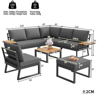 Celya Gartenlounge-Set L-Form Garten Sofa Set mit Holzarmlehnen, (Inkl. Holztisch, Sessel & Hocker 7-Personen, Mit Polstern, Grau), Wetterfeste Eckgarnitur & Liege aus Eisen