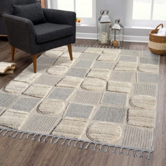 carpet city Teppich Boho Wohnzimmer - Creme - 200x290 cm - Patchwork-Muster - Relief-Optik, 3D-Effekt - Cut-&Loop, Sisal - Moderne Fransen-Teppiche Schlafzimmer