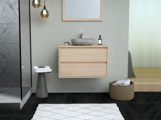 Vente-unique - Waschbeckenunterschrank mit Aufsatzwaschbecken aus Stein und Spiegel - Eichenfurnier - 80 cm - MILIPAM