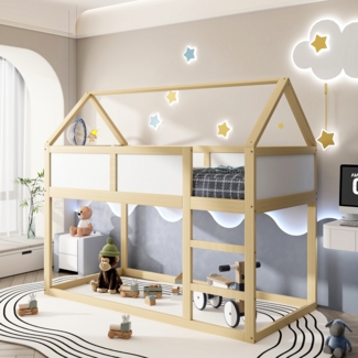 Niedriges Etagenbett Holzfarbe 90x200 Holz Metall Konstruktion 120kg Tragkraft Platzsparend Kinderzimmer Geschwisterbett 16 Lamellen