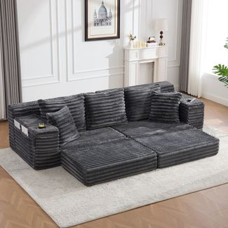 Flieks 2-Sitzer-Sofa mit beidseitigen Taschen & Getränkehaltern, modular als Schlafsofa nutzbar, Corduroy, Dunkelgrau