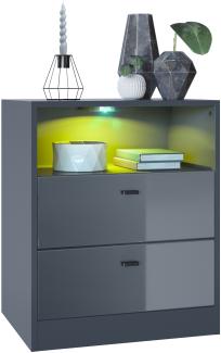 Vladon Kommode Pino V1, Nachttisch mit 2 Schubladen & 1 offenem Fach, Anthrazit matt/Grau Hochglanz mit LED RGB (56 x 67,5 x 36 cm)