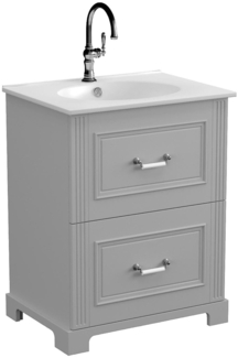 BADEDU RILA Waschbecken mit Unterschrank 60 cm breit, Grau matt, Waschbecken Keramik Weiß, mit Füßen