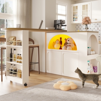 Mobiler Bartisch 135-205 x 39 x 100 cm mit LED, Rollen & Snackregal, 360° drehbar, weiß