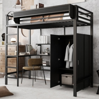 TavilaEcon Hochbett mit Tisch & Kleiderschrank & Ablagefächer Eisen+Spanplatte, Schwarz, 90x200cm