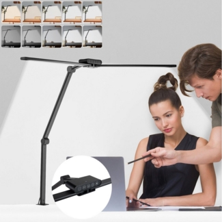 MUPOO LED Schreibtischlampe Doppelkopf Tischlampe 24W Klemmelampe, 5 Farbmodi und Dimmbar mit Stecker, Touch-Steuerung, Timer, für Monitor,Studio,Lesen,Homeoffice,Büro