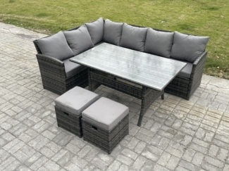 Fimous Outdoor Gartenmöbel-Set Ecksofa Set mit Rechteckiger Esstisch 2 kleine Fußhockern Dunkelgrau gemischt