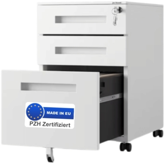 Rollcontainer mit Schubladen abschließbar FYNN - 3 Fächer | Büroschrank rollbar, unter Schreibtisch Rollschrank klein mit Hängeregistratur für Akten, 60x39x50cm Weiß