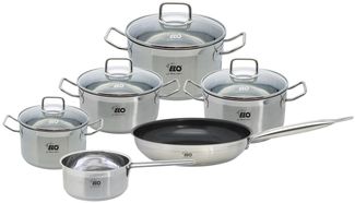 Elo Basic Topf-Set Basic Profi Duo Therm Topfset 6-teilig, Edelstahl (Set, 10-tlg), Volumenskala, integriertes Öl-Dosiersystem