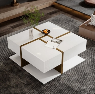 HAUSS SPOLE Couchtisch 78 x 78 x 34,8 cm Hochglanz-Couchtisch mit 4 Schubladen, Liniendesign (einzigartige Farbabstimmung und Liniendesign), Beistelltisch mit geometrische Design