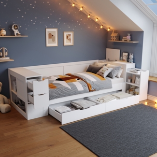 Merax Kinderbett, Daybett, 90 x 200 cm, Einzelbett, multifunktionales Kinderbett mit Schubladen, Regalen und Stauraum, mit nachttisch, ohne Matratze, weiß