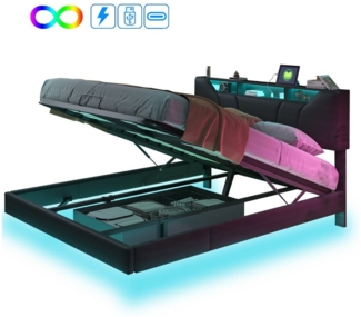 FUROKOY Polsterbett Doppelbett Hydraulisch Stauraumbett mit LED Licht, 160x200 cm Jugendbett,Kunstleder,Max. Belastbarkeit 350 kg