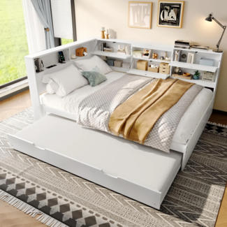 Holzbett mit Regal, Gästebett, Lattenrost und Mehrfachsteckdose, 140x200 cm, Doppelbett, Jugendbett, Kiefer