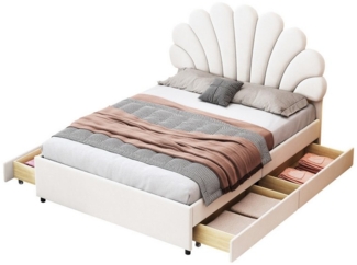 HAUSS SPOLE Polsterbett 140x200 cm mit blütenförmigem Kopfteil und Ablagefächern, Samt, Beige