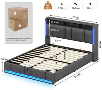 MSMASK Polsterbett mit Steckdosen & LED Beleuchtung, Stauraum und Kopfteil