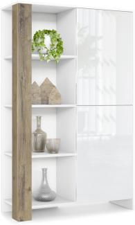 Highboard Canto, hoher Schrank mit 2 Türen und 8 Fächern, Korpus Weiß matt, Fronten Weiß Hochglanz, Dekor-Paneele Eiche Ribbeck (95 x 151,5 x 36 cm)