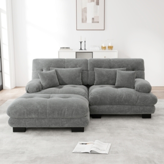 Ecksofa, Cloud Ecksofa für Wohnzimmer Chenille Doppelsofa mit 2 Lendenkissen und 2 Dekokissen Polstersofa mit breiten Armlehnen und Ottoman, Chenille, Grau
