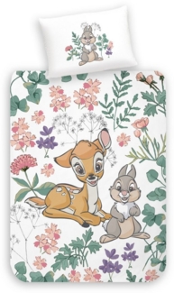 MTOnlinehandel Babybettwäsche Bambi Flower 100x135 + 40x60 cm in Renforcé • Disney, 100% Baumwolle, 2 teilig, Wende-Motiv mit Reh und Hase • Blumen • Blüten • Blätter