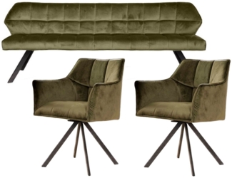 Vintagehaus Polsterbank Set Esstischbank Raster + 2 Armlehnstühle Samt oder Strukturstoff (3 teiliges Set), Frei im Raum aufstellbar